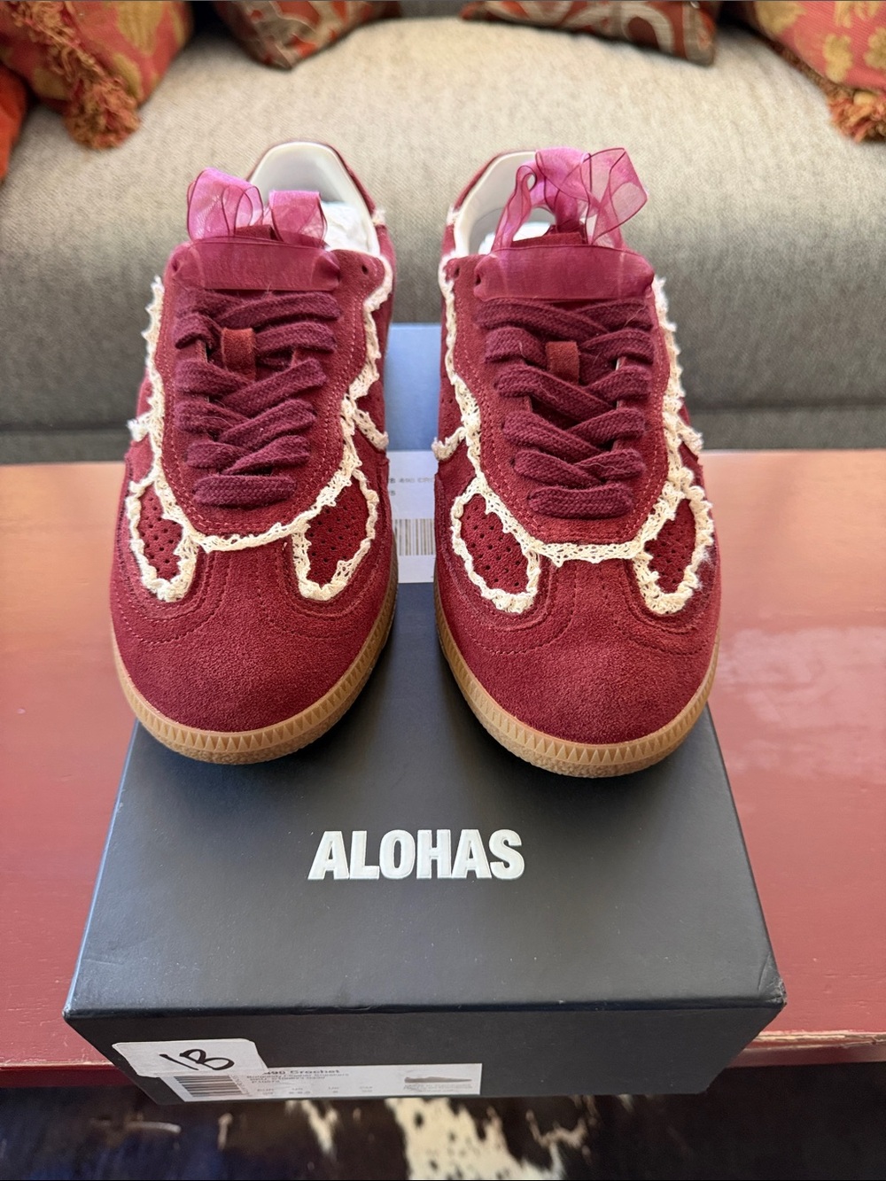 ALOHAS Burgundy Suede Sneakers with Cream Crochet Trim and Pink Ribbon